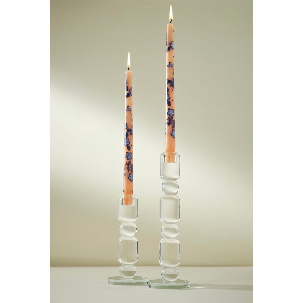 Anthropologie Hand Painted Taper Candles Set of 2 Pink Blue Floral 12 Inch NEW‎